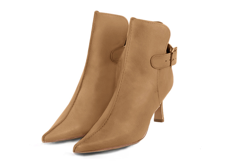 Camel beige women's ankle boots with buckles at the back. Pointed toe. High spool heels. Front view - Florence KOOIJMAN